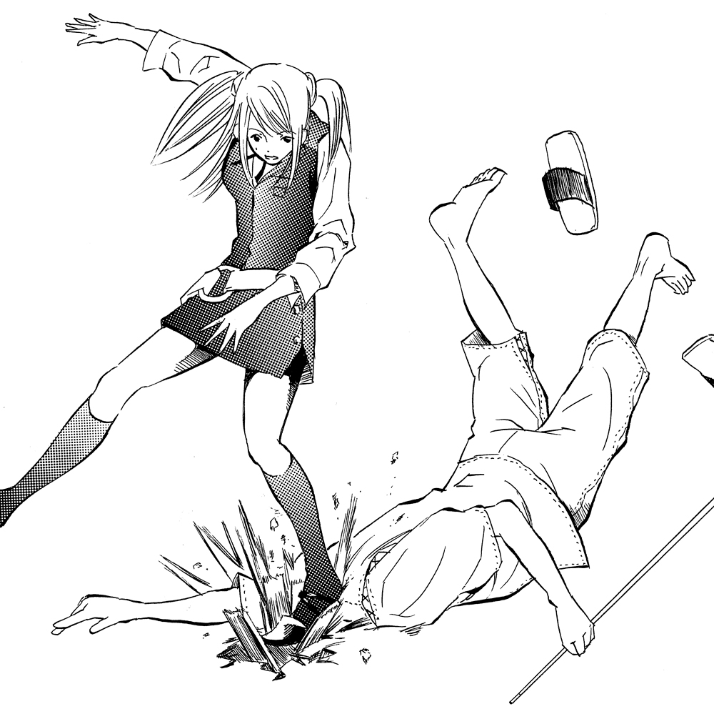 ⬆︎図３：例に挙がったコマ。たしかに、床の素材は木なのか、木ならそれはボロいのか、新しいのか。そういったことが伝わらず、臨場感がない。